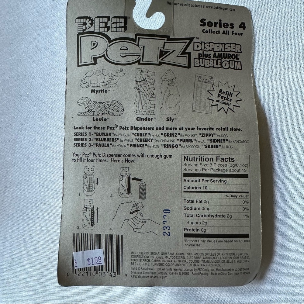 💚 1998 PEZ PETZ “SLY” THE FOX DISPENSER PLUS AMURAL BUBBLE GUM 🔥 - Picture 3 of 3